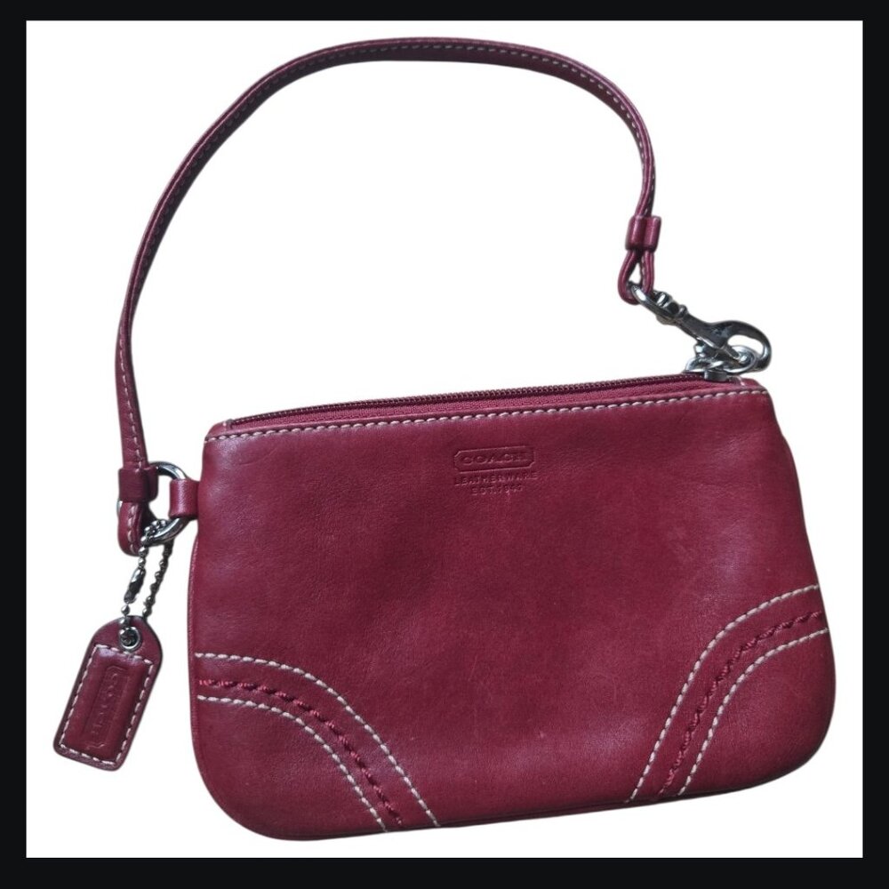 Vintage COACH Berry Red Leather Wristlet - White Contrast Stitching Description